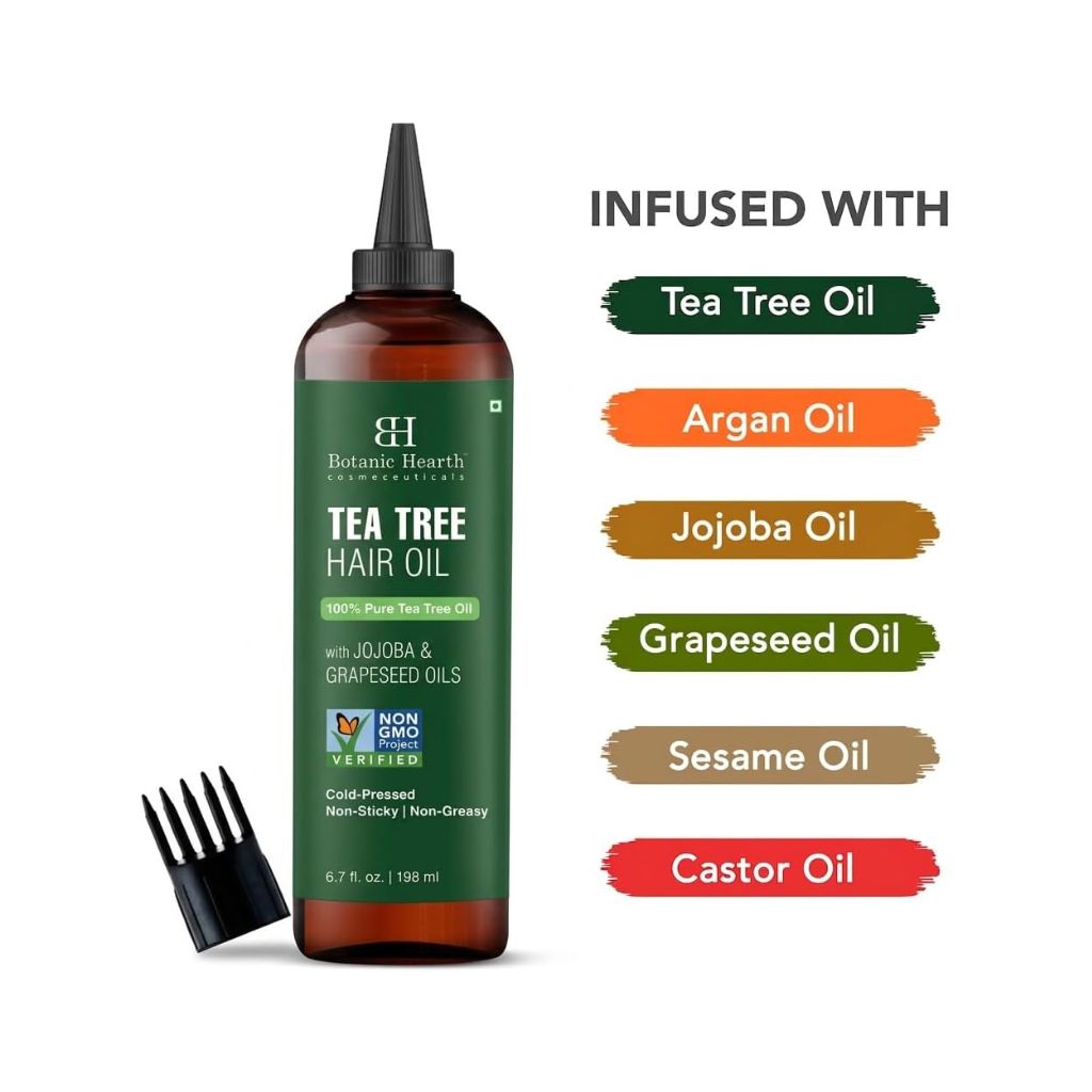 Botanic Hearth Tea Tree Oil for Hair | 200 ML |With Argan, Jojoba & Grapeseed Oils | Soothes Itchy Scalp & Fights Dandruff | Non GMO Verified |