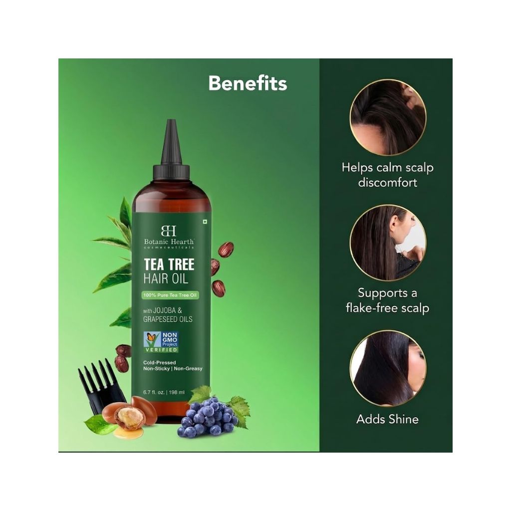 Botanic Hearth Tea Tree Oil for Hair | 200 ML |With Argan, Jojoba & Grapeseed Oils | Soothes Itchy Scalp & Fights Dandruff | Non GMO Verified |