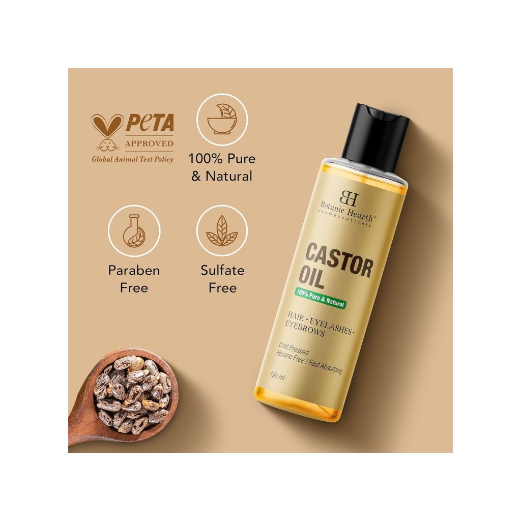 Botanic Hearth 100% Pure Castor Oil for Hair Growth| 150 ML | - Cold Pressed, Hexane-Free, Eyelashes, Eyebrows, Skin Care