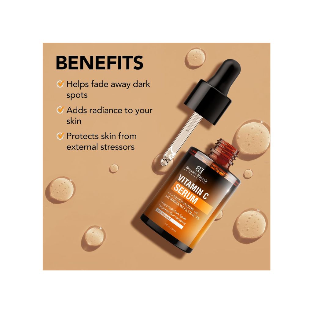 Botanic Hearth 15% Vitamin C Face Serum with Niacinamide, Hyaluronic Acid, Allantoin, Cica, Ferulic Acid & Vitamin E | Targets Dark Spots, Sun Damage, Wrinkles to Brighten & Even Tone Skin| 1fl oz