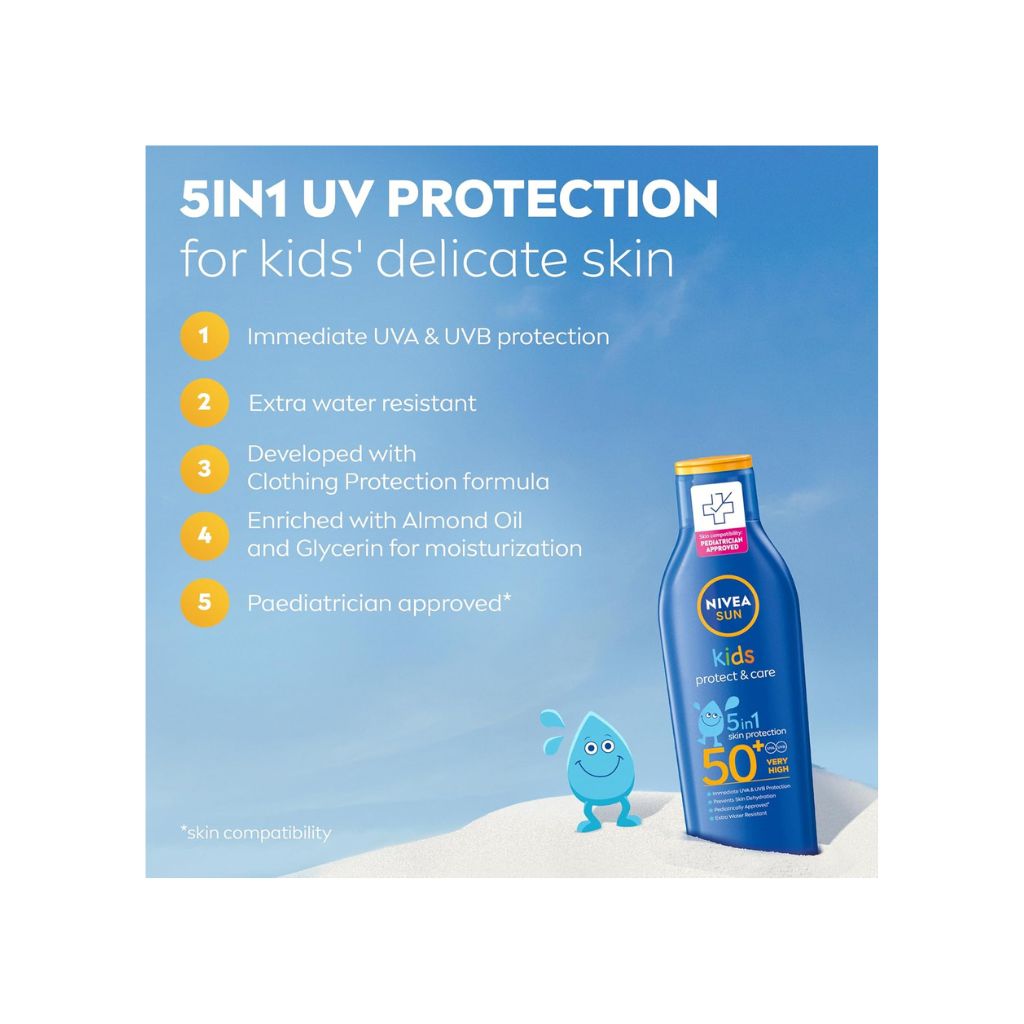 NIVEA SUN Kids Sunscreen Lotion, Protect & Care, SPF 50+, 5in1 Skin Protection, Very High and Immediate UVA & UVB Protection, Extra Water Resistant, 200ml