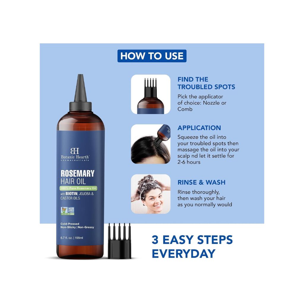 Botanic Hearth 100% Pure Rosemary Oil For Hair Growth | 198 ML | Infused With Biotin, Jojoba & castor Oil | Hair strengthening Treatment | Nourishing & Volumizing | Non GMO Verified