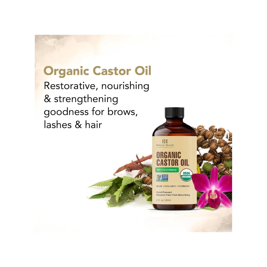 Botanic Hearth Castor Oil | USDA Certified Organic |100% Pure & Hexane Free | Cold Pressed | Growth for Eyelashes, Eyebrows, Hair | With Eyebrow & Eyelash Brush | 60 ML |