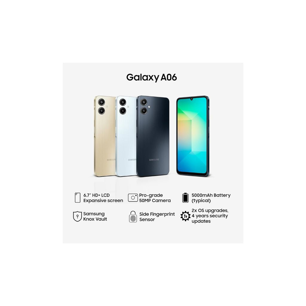 Samsung Galaxy A06 LTE (Black, 4GB RAM, 64GB Storage) | 50MP Dual Camera | 4 Gen OS Upgrades | IP54 Rating | Voice Focus | International Version
