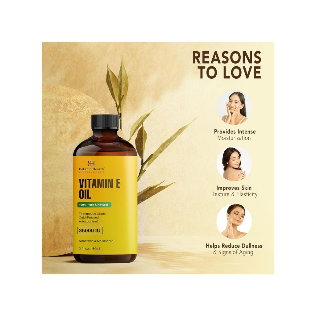 Botanic Hearth Vitamin E Oil | 100% Pure And Natural Oil For Growth Of Nails, Hair, Eyebrows & Eyelashes | 35,000 Iu | Hair & Body Oil With Eyebrow & Eyelash Brush|